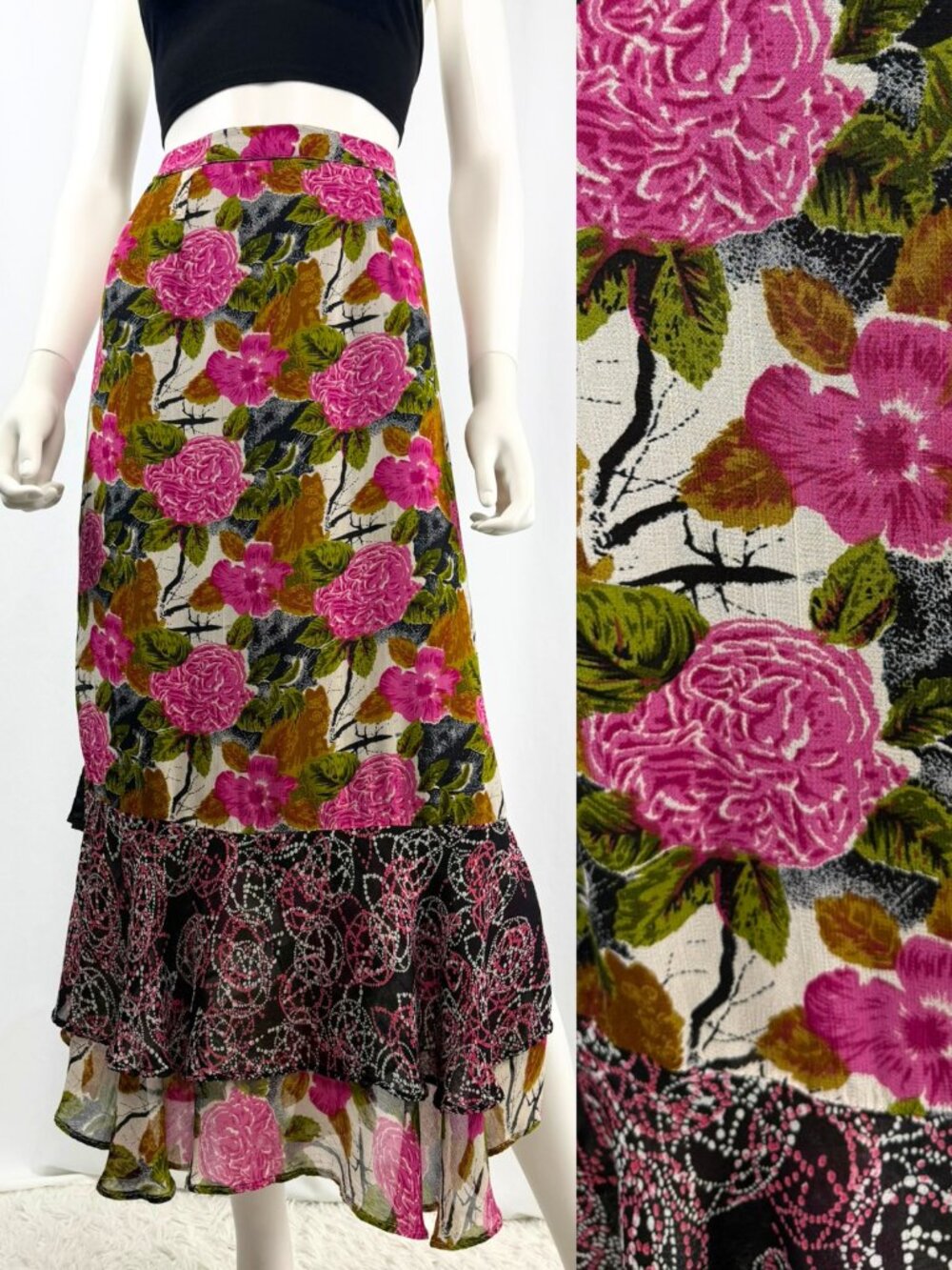 Y2K 2000s Indira Mixed Floral Botanical Print Midi Skirt S M